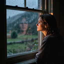 eve hewson looking out a window on a rainy night