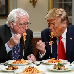 bernie sanders and Donald trump eating spaghetti like the famous scene from the movie lady and the tramp