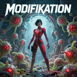 a dystopian superhero comic book called modifikation, about bacterium algae that eats people and creates large red diodes all over their bodies hdr, designed by comicraft and yasushi nirasawa, a beautiful heroine appears from a portal,, hyperrealistic, 8 k, bokeh, prism, octane render