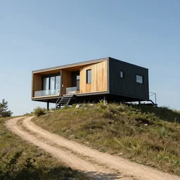 a large modern cabin on top of a tall hill with a dirt path, artstation, jakub rozalski