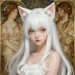 a very beautiful anime cat girl, white hair, matte painting, by greg rutkowski and ilya kuvshinov and alphonse maria mucha and yuumei, super clear details, hyper realistic, trending on artstation, 8 k