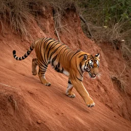 photo still of a tiger chasing on a red clay dirt cliff, 8 k 8 5 mm f 1. 8
