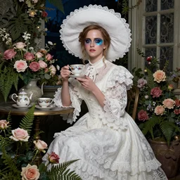 on textured paper full body fashion model emma watson smokey eyes makeup eye shadow fantasy, glow, shimmer as victorian woman in a long white frilly lace dress and a large white hat having tea in a sunroom filled with flowers, roses and lush fern flowers ,intricate, night, highly detailed, dramatic lighting , high quality