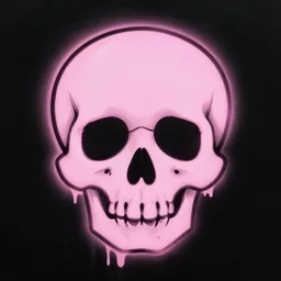a cartoon skull outline spray painted on a black background with dripping pink spray paint, pixel art, 3 / 4 view