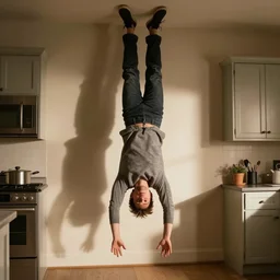 jeff gold blum hanging upside down in his kitchen