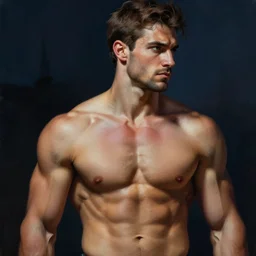 portrait of a muscle male, extreme fine detail background, night, highly detailed, high quality, digital painting, hyperrealistic, by gaston bussiere, j. c. leyendecker, craig mullins