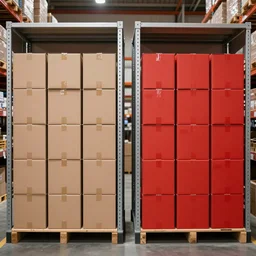 two frames of equal size, the first a warehouse full of boxes, the second is the same picture but the boxes are red