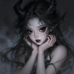 portrait of demon girl, dreamy and ethereal, expressive pose, big black eyes, exciting expression, fantasy, intricate, elegant, dark and moody smoke, highly detailed, digital painting, artstation, concept art, smooth, sharp focus, illustration, art by nekro borja, artgerm and greg rutkowski and alex flores