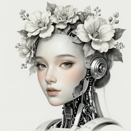 beautiful robot head with flowers, intricate, elegant, highly detailed, expressive eyes, illustration,