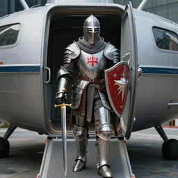 A knight with a sword and shield wearing German medieval space armor disembarks from a spaceship