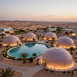 futuristic adobe housing domes in a permaculture biosphere, ceramic pastel earthships with hexagonal surface texture, biophillic architecture, urban planning, terraformation park, closed ecosystem,  in the middle of the desert, with a miniature indoor lake, XF IQ4, 150MP, 50mm, F1.4, ISO 200, 1/160s, natural light at sunset with outdoor led strip lighting