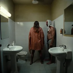 a wide angle movie still from the thing ( 1 9 8 2 ) by john carpenter showing bathroom transformation scene, sci - fi and horror, uneasy and uncanny atmosphere, shot on celluloid, panavision lenses, 3 5 mm film, anamorphic, oscar winning practical effects
