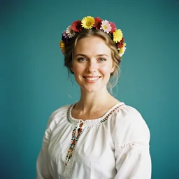 a photograph of beautiful nordic woman, duchenne smile, wearing a white folkdrakt dress, she has a summer flower headband. against a teal studio backdrop. strong kodak portra 4 0 0 film look. film grain. cinematic. in - focus