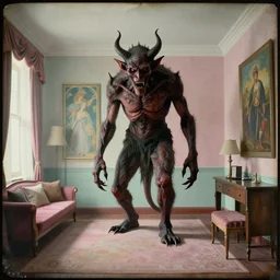 a scary big demon in a liminal hotel room, daguerreotype by edward hopper, by henri rousseau, by Bosch, by Pontormo, art noveau, highly detailed, strong lights, liminal, eerie, Bright pastel colors, octane render, 8k,