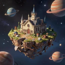 a crumbling island floating in space, debris, surrounded by planets and stars, vintage disney style, detailed, depth of field
