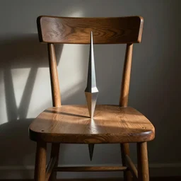 a wooden chair with a large sharp spike in the middle of the seat of the chair