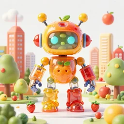 cute elaborate epic robot writing promts, candy colors, fruits parts, symmetrical, in a city made of fruits and buildings made of trees, octane render, 3 d model, translucent, clear parts, detailed by pokedstudio