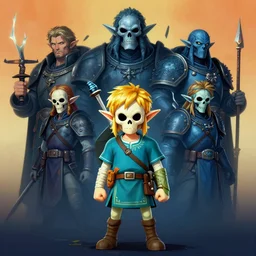 full character potrait of legend of zelda majora's mask skull kid, zdzislaw beksinski, lewis jones, dariusz zawadzki, wayne barlow, warhammer fantasy, cold hue's, warm tone gradient background, concept art, 4 k, ultra - high - definition
