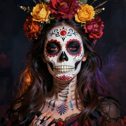 illustration of a sugar skull day of the dead girl, art by raymond swanland