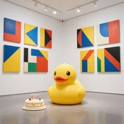 a large rubber duck sits alone in a large room next to a birthday cake, the walls are covered with colorful geometric wall paintings in the style of sol lewitt.