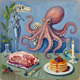 female android, surgical equipment, giant octopus, dinosaur bones, raw pork, berry juice drips, pancakes, berries, scientific glassware, plant roots, art supplies, candles dripping wax, neo - impressionist surrealism, acrylic and spray paint and oilstick on canvas, by basquiat