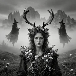 alpine female farmers head being overgrown by edelweiss and roots, antlers on head, much fog, levitating witches, magic, dolomites dark black and white vintage photography by dennis villeneuve, cinestill eerie despair portrait photography artstation digital art adward winning