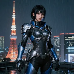 An epic fantastic ultrarealism comic book style portrait painting of a female cyberpunk armor fighter,  black and blue silver color armor, cyberpunk feel raining at tokyo rooftop, Concept world Art,  unreal 5, DAZ, 8k, hyperrealistic, octane render, cosplay, RPG portrait, dramatic lighting, rim lights