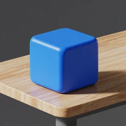 A blue cube is placed on the table, octane render, ray traced, rtx
