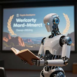 futuristic robot reading a book, presentation slide art