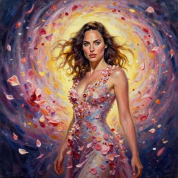Flower storm portrait of Gal Gadot, vortex of petals and radiant light, in the style of Jenny Saville, highly detailed palette knife oil painting