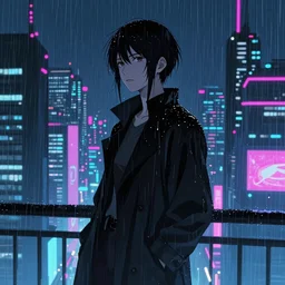 neon cyberpunk cityscape, rainy, atmospheric, style of ghost in the shell