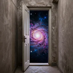 an open doorway in an alleyway, through the door is an entire universe, nebulas, stars, the big bang