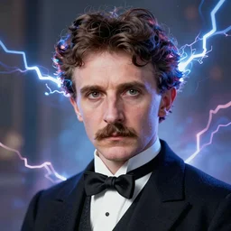 masterpiece portrait of 4 0 year old gentleman genius inventor nikola tesla, kind eyes, wearing a tuxedo, hyper realistic face, volumetric lighting, fantasy art, epic, in the style of burne hogarth, greg rutkowski, donato giancola, tom bagshaw, intricate, hyper detailed, smooth, vibrant electric lightning aura