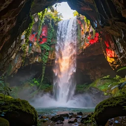 a beautiful and stunning professional digital photo of a humongous crystal cave, vines, haze, waterfall, volumetric lighting, hyperrealistic, red, yellow, green, blue, sunset, unreal engine 5, ultra detail