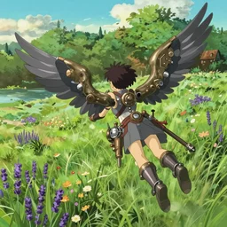 anime girl with metal wings and steampunk weapons flying over a grassy field with flowers, extremely detailed, beautiful, anime, studio ghibli, cinematic lighting, high angle, view from behind, grass, clouds, sunny, trees, lavender flowers, river, lush,