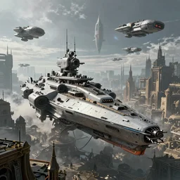 sci-fi warship in a cyberpunk medieval city, rich contrast, spaceships in sky, hyperrealistic, Cryengine 8k UHD