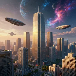 The futuristic sci-fi Tokio city's, it has tall brutalist architecture buildings, some giant spaceships are flying over the city, the background has a detailed heavenly and iridescent light from nebulas and planets, the buildings are full of color, panoramic view, cyberpunk, vaporwave, matte painting, concept art, dramatic lighting, golden hour, 4k, 8k, trending on Artstation, realistic