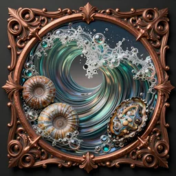 art nouveau cresting oil slick waves, ammonites, abalone, hyperdetailed bubbles in a shiny iridescent oil slick wave, ornate copper patina medieval ornament, rococo, organic rippling spirals, octane render
