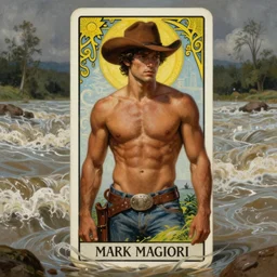 a dramatic, epic, ethereal tarot painting of a handsome!! brown shirtless cowboy | background is a torrential flooding river | tarot card, art deco, art nouveau | by Mark Maggiori | cowboy hat | trending on artstation