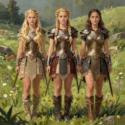 anya taylor - joy emma watson,, symmetrical front view, long blond braided hair, full body shot, nuragic warrior, meadow background, highly detailed, digital painting, artstation, concept art, sharp focus, illustration, art by aleksi briclot, raphael lacoste, magali villeneuve