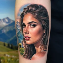 tattoo design of a beautiful girl next face against a beautiful mountain scenery, hyper realistic