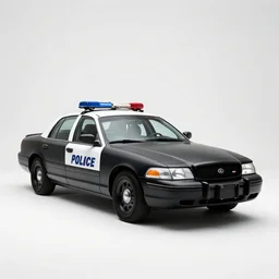 matte black police car, studio product photography, isolated on a pure white background, centered, entire object in frame, sharp focus, soft studio lighting