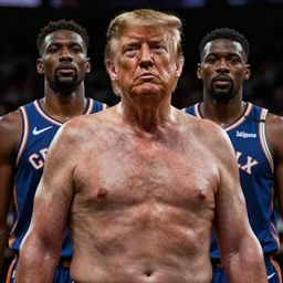 Donald Trump with basketball players body, realistic artstyle, wide shot, dramatic lighting, octane render, hyperrealistic, high quality, highly detailed, HD, beautiful, cinematic, 8k, unreal engine, facial accuracy, symmetrical