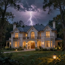luxury mansion in the woods, there is lanterns around illuminating the environment, cinematic lightning, dramatic, clouds, sky, the time of day is dusk, highly detailed, oil painting,