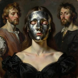 The portrait of beautiful woman, closed eyes, steel full-face occult mask, black dress. by Ilya Repin, William Blake, Michelangelo da Caravaggio and Beksinski, highly detailed oil painting, Beinart Gallery, Arcadia gallery, trending on artstation, dramatic volumetric lighting, fantasy character, 4k, masterpiece