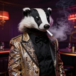 anthropomorphic badger wearing expensive designer clothes and snorting cocaine at exclusive nightclub
