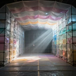interior of inflated lecture hall formed from scaffolding and wrapped in fabric, fabric is translucent and multicolored over scaffolding, cinematic lighting, light rays, ultra realistic, photorealistic, volumetric lighting, photography, eye-level perspective