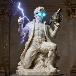a detailed full bodied marble sculpture of jensen ackles holding a bolt of lightning and a grenade launcher, wearing glowing neon shuttered 1 9 8 0 s glasses!!!!, synthwave style, aetherpunk, masterpiece, 8 k, art by greg rutkowski and albert bierstadt and arthur rackham and alphones mucha