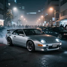 a car 300ZX turbo drift at illegal car meet, shibuya prefecture, midnight mist streetlights, color grade, photorealistic, highly detailed wheels, highly detailed