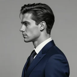 hyperdetailed profile portrait of a realistic handsome man in dark blue suit, grayscale, by greg rutkowski, highly detailed, digital painting, artstation, smooth, sharp focus illustration, artstation hq. intricate, elegant, 8 k, unreal engine. art by wlop and artgerm and ayami kojima. dan mumford, tomokazu matsuyama, takato yamamoto